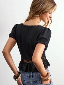 Willow Rêve Women's Black Lace Patchwork Round Neck Button-Down Short Sleeve Blouse - Black - View 2