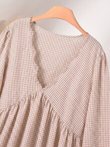 CosyJoli 大尺碼女款格紋長袖襯衫，1950年代復古服飾，對比色蕾絲飾邊秋季外套上衣，度假風黑白秋季上衣 - 杏色 - 查看 2