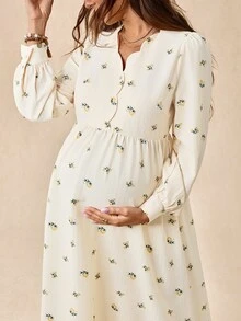Boho Mama Maternity All-Over Print Pleated Casual Party & Travel Dress - Apricot - View 6