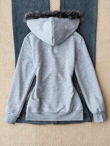 Tween女孩休閒運動灰色小馬刺繡裝飾連帽開襟衛衣，秋冬款 - 灰色 - 查看 2