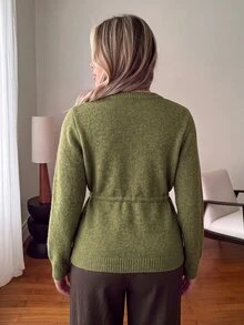 Vionelle Plus Size Vintage Lace-Up Long Sleeve Knit Cardigan - Green - View 2