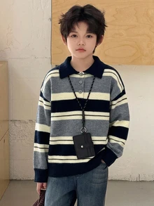 Dazy Kids Sweater Dalaman Lengan Panjang Tebal Berkerah Polo Warna Kontras untuk Anak Laki-laki (Ukuran Besar) Musim Gugur/Musim Dingin - Grey - View 6