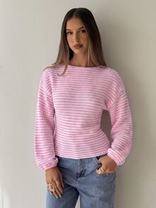 Aloruh Young Women's Autumn/Winter White Textured Boat Neck Petal Sleeve Long Sleeve Loose Top Tight Bottom T-Shirt, Versatile For Layering Travel Casual - Baby Pink - View 1