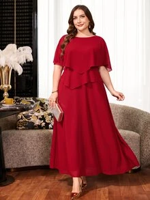 Reflora Plus Size Elegant Solid Color Party Dress - Red - View 3