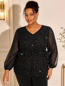 BrightlyHer Plus Size Women's Rhinestone Mesh V-Neck Waist Patchwork Ruffle Blouse - Black - View 3