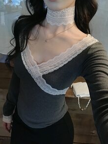 DAZY Women's V-Neck Lace Patchwork Long Sleeve Korean Style Spring/Autumn T-Shirt - Grey - View 9