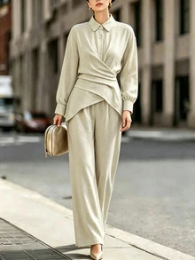 SHEIN Women's Elegant Casual Cross-Strap Long Sleeve Shirt And Pants 2 Pieces Set, Commuter Outfit - Black and White - View 1