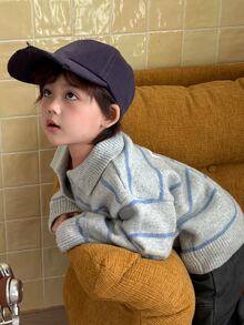 DAZY Sweater Lengan Panjang Berkerah Motif Garis-garis Warna Blok untuk Bayi/Balita (Laki-laki) Musim Gugur/Dingin - Grey - View 3