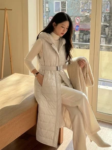 DAZY Jaket Rompi Empuk Patchwork Bulu Imitasi Elegan untuk Wanita - Aprikot - View 2