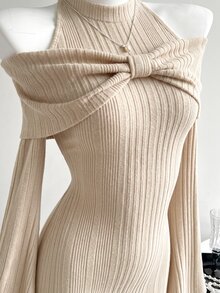 Elamini 女款黑色紋理露肩蝴蝶結裝飾性感修身短洋裝，秋冬款 - 杏色 - 查看 5