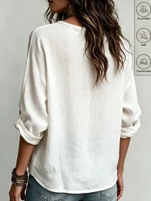 SHEIN LUNE Women's V-Neck Faux Linen Texture Blouse, Side Button Decor, Roll-Up Long Sleeve, Loose Casual Top - White - View 2
