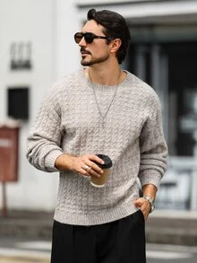 Marcello Vane 男士純色圓領長袖休閒毛衣，秋冬款，Ins風格，街頭成熟風，寬鬆版型，藍色，正式，老錢風 - 卡其色 - 查看 5