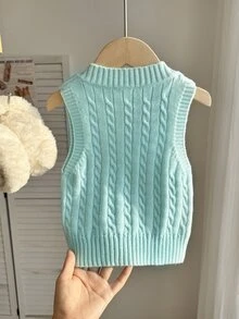 SHEIN 女童粉色刺繡背心毛衣，圓領，適合搭配裙子，適合秋冬春夏穿著的套頭衫 - 薄荷綠 - 查看 2