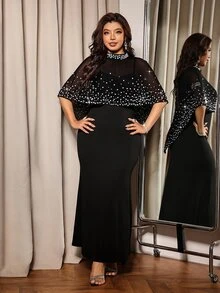 Elaquor Plus Size Elegant Spaghetti Strap Dress And Beaded Cape Set - Black - View 5