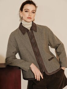 Arave Áo khoác nữ dáng ôm thẳng vải tweed màu nâu họa tiết răng sói vintage, khóa kéo kim loại, viền phối màu tương phản, phong cách đi làm mùa thu, trang phục Giáng Sinh cho nữ - màu nâu - Xem 2