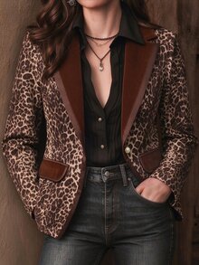 LUMIGAL Vintage Fashion Elegant Leopard Animal Print Pattern AB Patchwork Elegant Commute High-End Women's Blazer Jacket - Multicolor - View 3