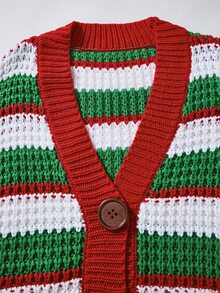 Rusticease Plus Size Women's Striped Dropped Shoulder Long Sleeve Single-Breasted Knit Cardigan - Multicolor - View 4