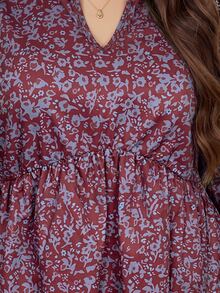 EMERY ROSE Plus Size Women's Floral Print Pleated Casual Versatile Daily Wear Blouse Fall - Burgundy - View 7