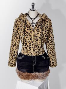 SHEIN ICON Women's Plus Size Leopard Print Flannel Hooded Sweatshirt - Brown - View 3