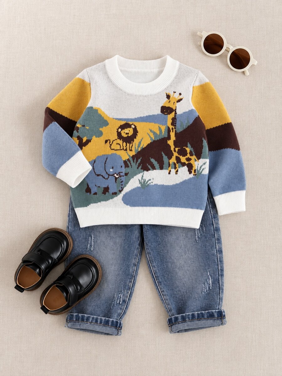 SHEIN Baby Boy Cartoon Animal Pattern Knitted Soft Round Neck Long Sleeve Pullover Sweater, Versatile And Comfortable - Multicolor - View 1