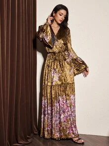 Slumberist Vintage Floral Print Velvet Long Sexy Women's Robe, V-Neck, Ruffle Bell Sleeves, Cinched Waist, Draped Patchwork Full Skirt - Brown - View 3