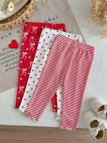 SHEIN Vintaside Kids 3件組女嬰春秋極簡風緊身褲，紅蝴蝶結／白色愛心／紅條紋愛心款式，貼身舒適，簡約甜美風格，適合室內外穿著 - 彩色 - 查看 2