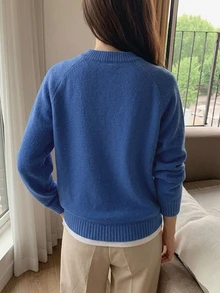 DAZY 女款素色落肩袖長袖休閒商務套頭毛衣，秋季長袖上衣，秋季女裝 - 藍色 - 查看 4