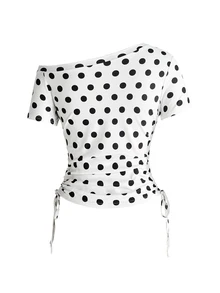ROMWE Avant Y2K Light Matte Millennium Polka Dot Patchwork Asymmetric Shoulder Short Sleeve T-Shirt - White - View 2