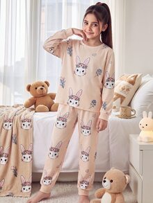 Tween女孩休閒日常童裝百搭舒適圓領長袖卡通圖案家居服修身款 1套隨機發貨（5款設計中） - 杏色 - 查看 5