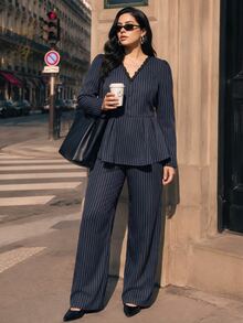 Juhart Plus Size Women's Striped V-Neck Long Sleeve Top And Pants Casual Daily 2 Pieces Set - Navy Blue - View 5