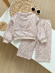 SHEIN 女童可愛休閒豹紋圓領長袖運動衫套裝 - 彩色 - 查看 2