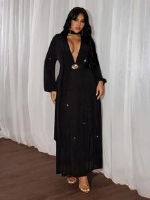 Rustia Plus Size Black Long Dress With Deep V-Neck, Tie Waist, Decorative Buckle, Party Dress, Autumn/Winter - Black - View 4