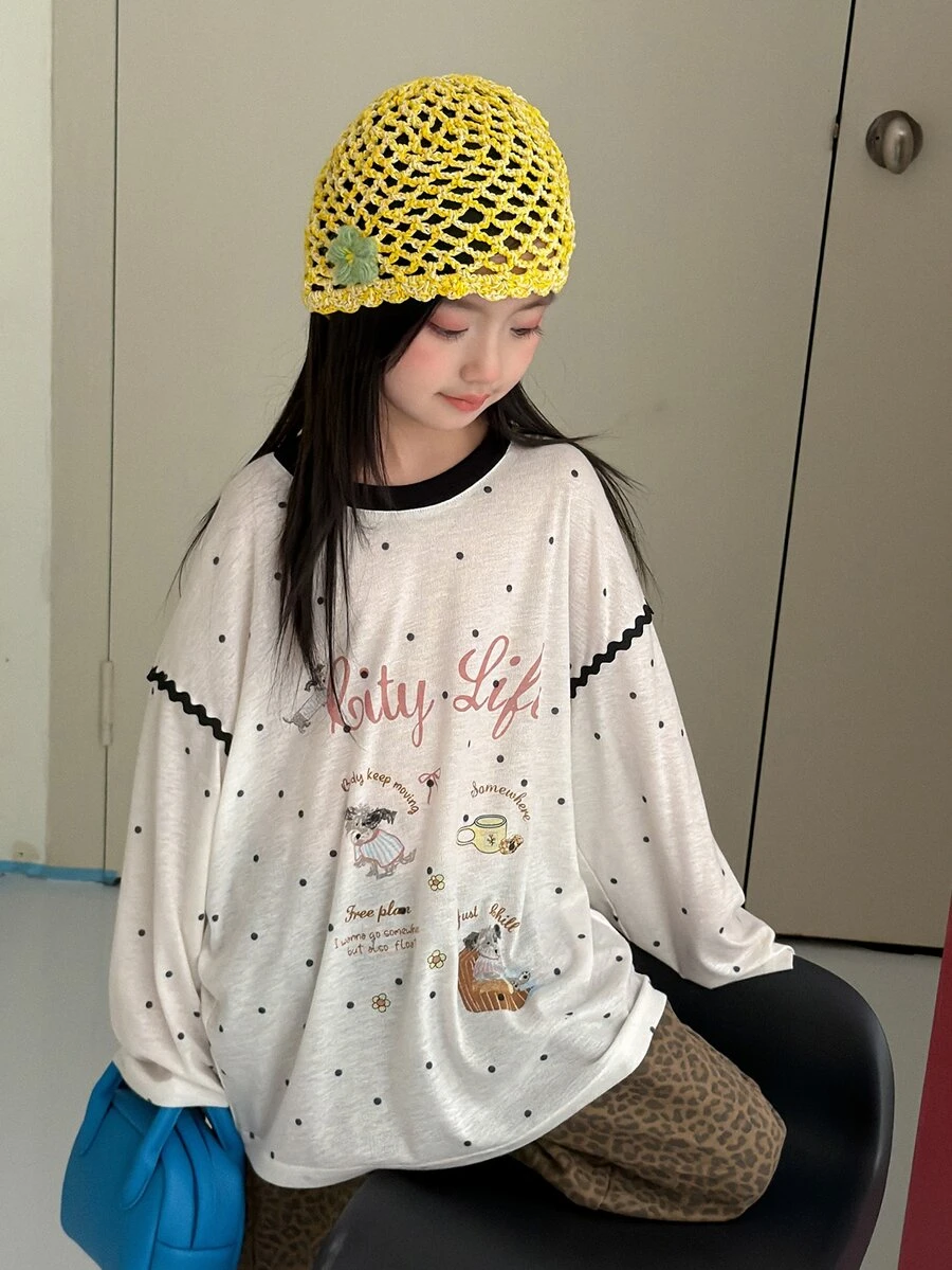 Dazy Kids Tween Girl Letter & Polka Dot Print Drop Shoulder Long Sleeve Casual T-Shirt - White - View 1