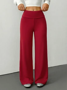 SHEIN PETITE 女款素色休閒百搭日常穿著長褲 - 酒紅色 - 查看 3