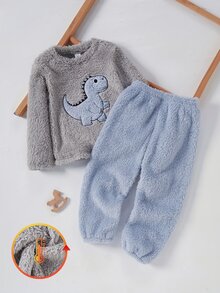 秋冬雙面保暖內裡加厚男童幼兒套裝，酷萌卡通恐龍刺繡，柔軟舒適毛茸茸長袖上衣與長褲 2 件套，居家休閒服 - 灰色 - 查看 8