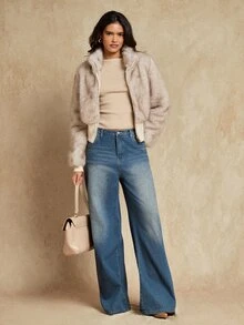 Glamine Women's Casual Silver Fox Ribbed Cropped Jacket With Zipper Front - Apricot - View 4