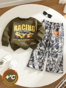 SHEIN 小男孩秋季新款休閒極簡寬鬆舒適圓領衛衣與喇叭褲兩件套，適合秋冬，經典酷帥賽車圖案印花與經典文字圖案印花，Y2K風格 - 彩色 - 查看 4