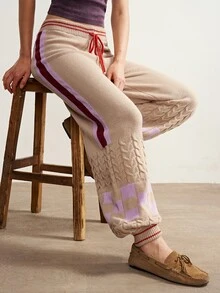 Bohemela Women's Striped Drawstring Waist Wide Leg Loose Casual Tapered Knit Pants - Multicolor - View 1