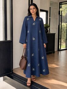 Solavon New Floral Embroidered Metal Buckle Women's Collared Long Sleeve Dress - Gray Blue - View 5