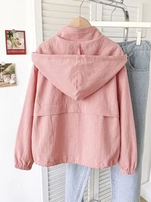 SHEIN 青少年女孩休閒粉色兒童秋季拉鍊連帽外套，長袖梭織街頭風口袋外套，附抽繩下擺，適合徒步，秋冬穿著 - 粉色 - 查看 2