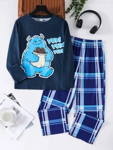 SHEIN Tween Boy Letter Cartoon Print Long Sleeve Top And Pants Loungewear - Multicolor - View 1