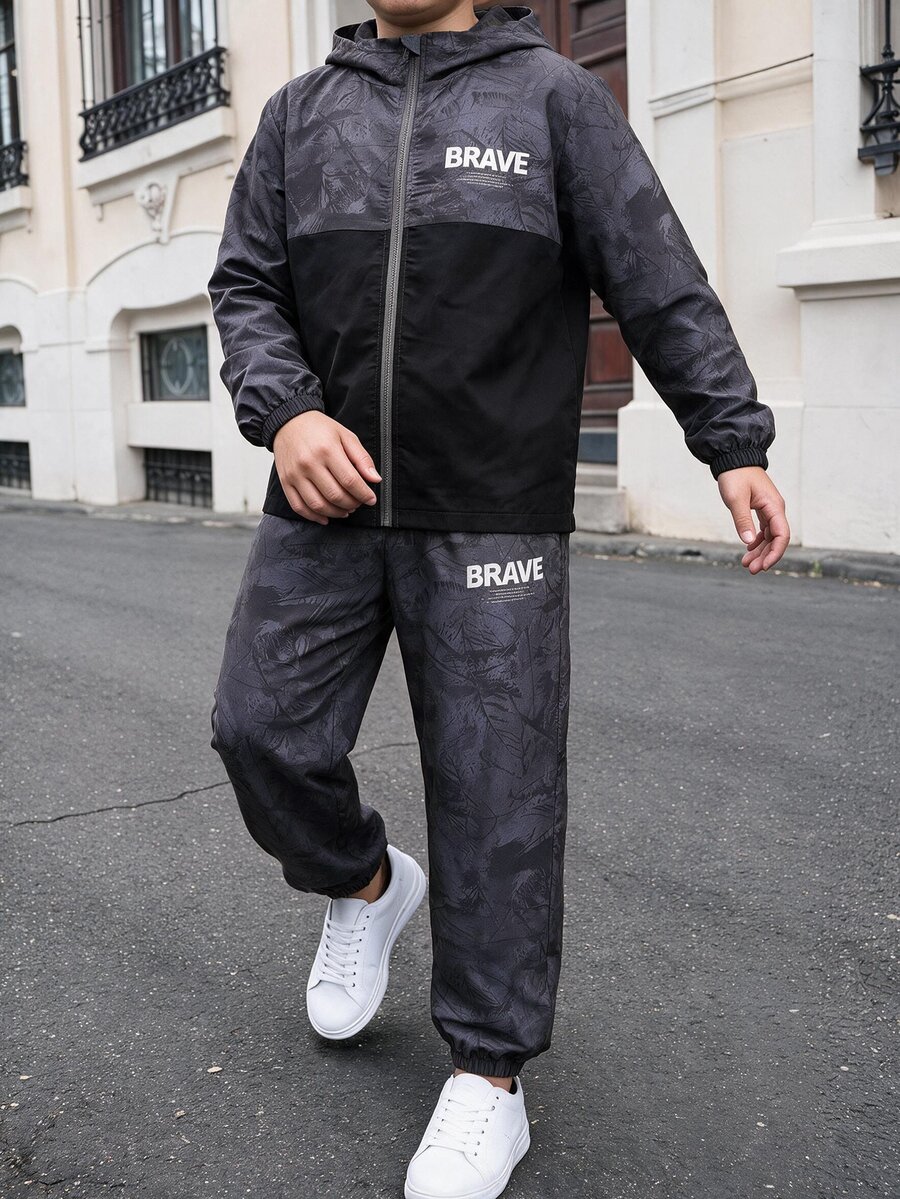 2件組兒童青少年男孩休閒運動拼色連帽外套與黑色長褲套裝,適合秋冬、家庭聚會、開學季 - 彩色 - 查看 1