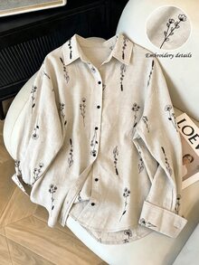 INAWLY 女款新款秋季襯衫，法式休閒花卉刺繡長袖襯衫，寬鬆休閒刺繡上衣，老錢風黑色刺繡襯衫，刺繡襯衫，卡其色長袖襯衫，寬鬆長袖襯衫，秋季上衣，刺繡上衣，適合日常通勤、工作和戶外散步 - 卡其色 - 查看 1