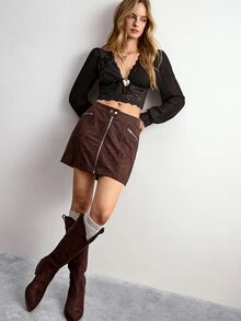Willow Rêve Women's Brown Suede Zipper Front Casual Skirt - Brown - View 3
