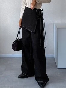 FRIFUL Women's Fashion Button Pocket Denim Jeans & Lace-Up Denim Skirt Set - Black - View 2