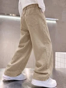 SHEIN Little Byeori 兒童青少年男孩咖啡棕色寬鬆舒適寬腿牛仔褲，萬聖節與黑色上學款 - 卡其色 - 查看 2