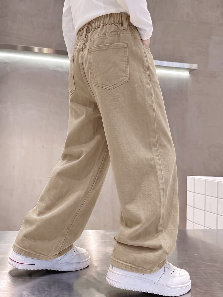 SHEIN Little Byeori Kids Tween Boy Coffee Brown Loose And Comfortable Wide-Leg Jeans Halloween And Black To School - Khaki - View 2
