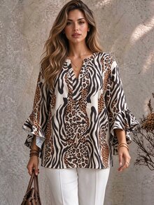 Ceyna Leopard Print Ruffle Trim 3/4 Sleeve V-Neck Plus Size Top, Suitable For Office Commute, Brunch Gatherings, Elegant Style Fall - Multicolor - View 1