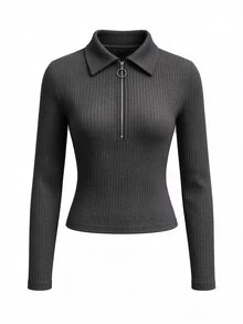 Balvessa Áo tay dài cổ POLO phong cách công sở, khóa kéo nửa ngực vòng O, dệt kim gân sọc dọc co giãn ôm sát, phù hợp đi làm, mặc thường ngày, phối lớp mùa thu/đông, phong cách nhẹ nhàng thanh lịch - Xám - Xem 3