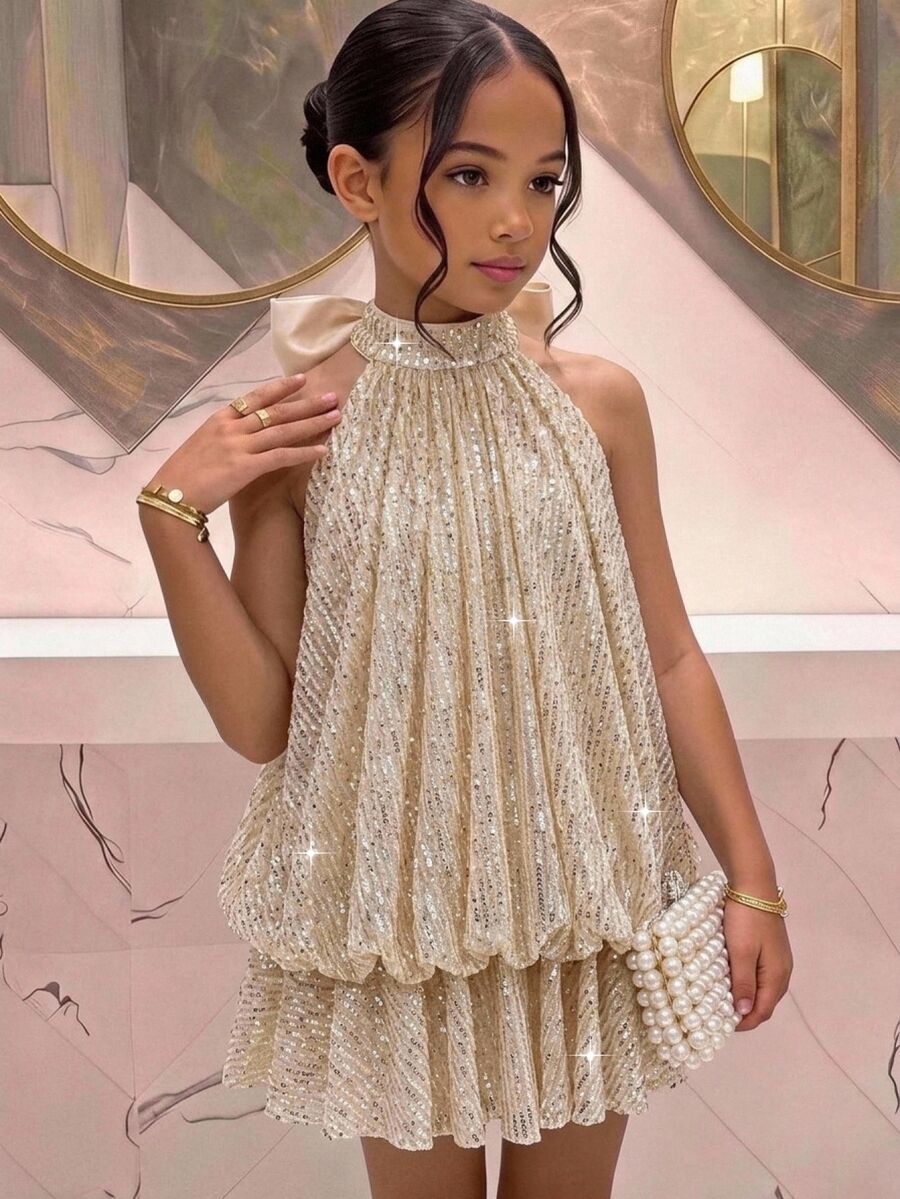 Pitira 兒童青少年女孩玫瑰金亮片掛脖綁帶迷你洋裝 - 金色 - 查看 1